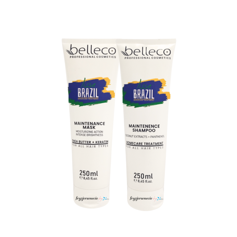 Zestaw Belleco Lisse Brazil Homecare Maintenence Szampon + Maska - zestaw do pielęgnacji włosów po zabiegach nanoplastii, botoksu lub bioplastii