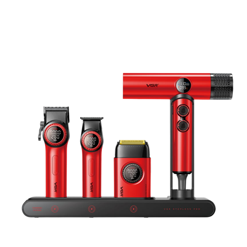 VGR PRO 4in1 Red - zestaw maszynka, trymer, golarka i suszarka w walizce