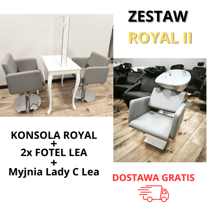 Zestaw Royal II - konsoleta Royal + 2 fotele fryzjerskie Lea + Myjnia Lady Lea