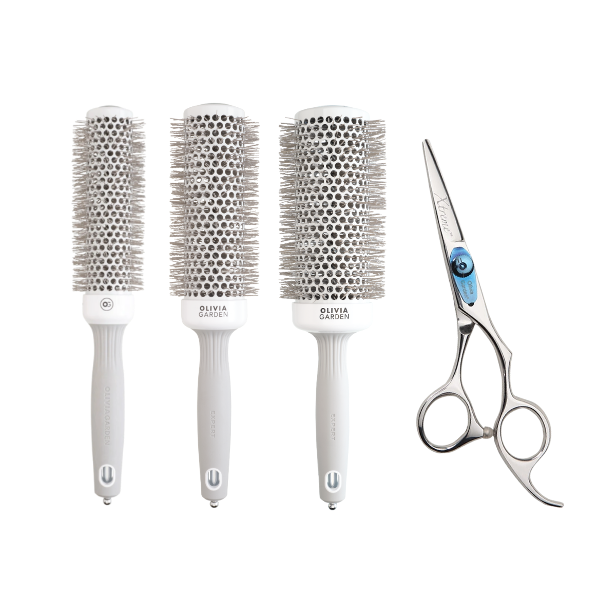 Zestaw Olivia Garden Blowout Speed White & Grey + Xtreme 5,75" - profesjonalny zestaw szczotek i nożyczek fryzjerskich